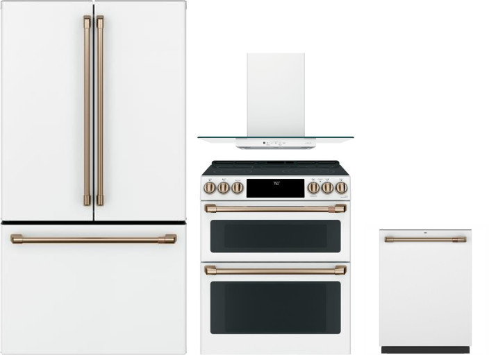 Cafe 4 Piece Kitchen Appliances Package with French Door Refrigerator, Electric Range and Dishwasher in Matte White CAFRERADWRH65