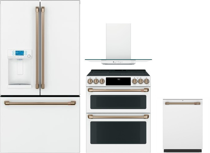 Cafe 4 Piece Kitchen Appliances Package with French Door Refrigerator, Electric Range and Dishwasher in Matte White CAFRERADWRH67