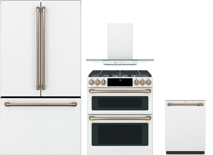 Cafe 4 Piece Kitchen Appliances Package with French Door Refrigerator, Gas Range and Dishwasher in Matte White CAFRERADWRH68