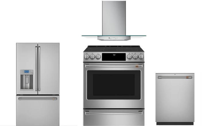 Cafe 4 Piece Kitchen Appliances Package with French Door Refrigerator, Electric Range and Dishwasher in Stainless Steel CAFRERADWRH91