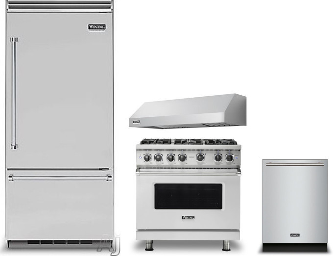 Viking 5 4 Piece Kitchen Appliances Package with Bottom Freezer Refrigerator, Gas Range and Dishwasher in Stainless Steel VIRERADWRH1257