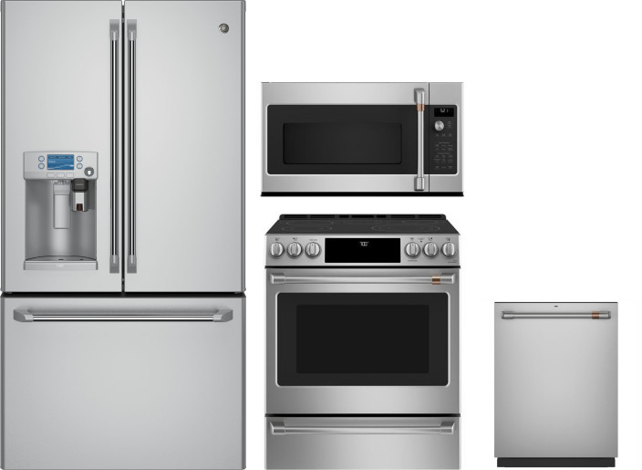Cafe 4 Piece Kitchen Appliances Package with French Door Refrigerator, Electric Range, Dishwasher and Over the Range Microwave in Stainless Steel CAFR -  CYE22UP2MS1