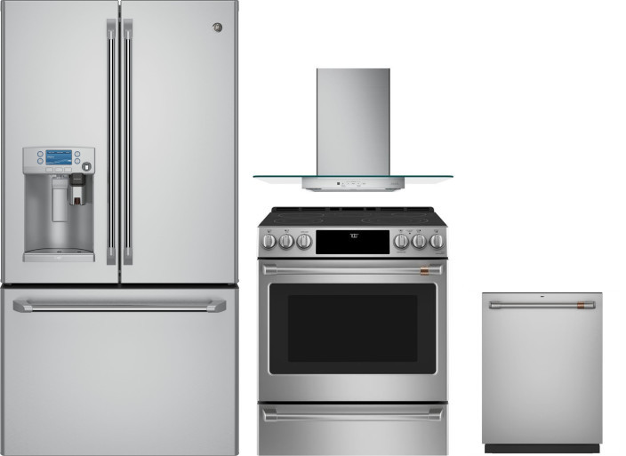 Cafe 4 Piece Kitchen Appliances Package with French Door Refrigerator, Electric Range and Dishwasher in Stainless Steel CAFRERADWRH139