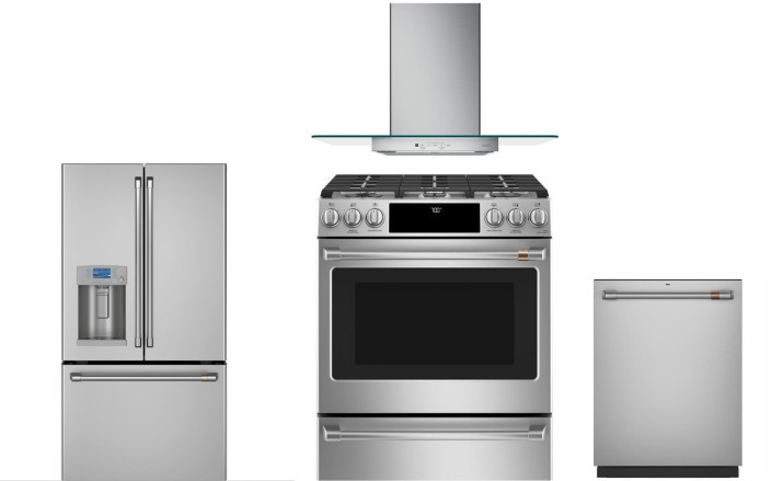 Cafe 4 Piece Kitchen Appliances Package with French Door Refrigerator, Gas Range and Dishwasher in Stainless Steel CAFRERADWRH174