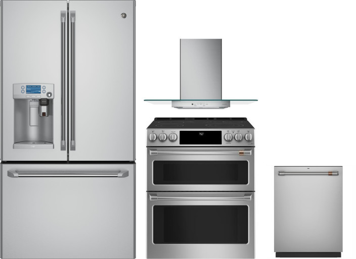 Cafe 4 Piece Kitchen Appliances Package with French Door Refrigerator, Electric Range and Dishwasher in Stainless Steel CAFRERADWRH175