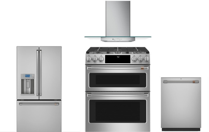 Cafe 4 Piece Kitchen Appliances Package with French Door Refrigerator, Gas Range and Dishwasher in Stainless Steel CAFRERADWRH197
