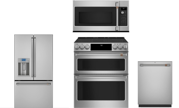 Cafe 4 Piece Kitchen Appliances Package with French Door Refrigerator, Electric Range, Dishwasher and Over the Range Microwave in Stainless Steel CAFR