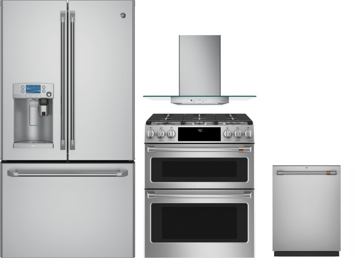 Cafe 4 Piece Kitchen Appliances Package with French Door Refrigerator, Gas Range and Dishwasher in Stainless Steel CAFRERADWRH211
