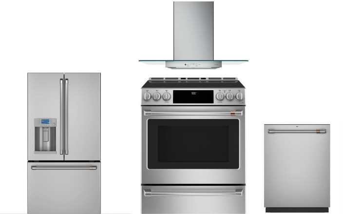 Cafe 4 Piece Kitchen Appliances Package with French Door Refrigerator, Induction Range and Dishwasher in Stainless Steel CAFRERADWRH225