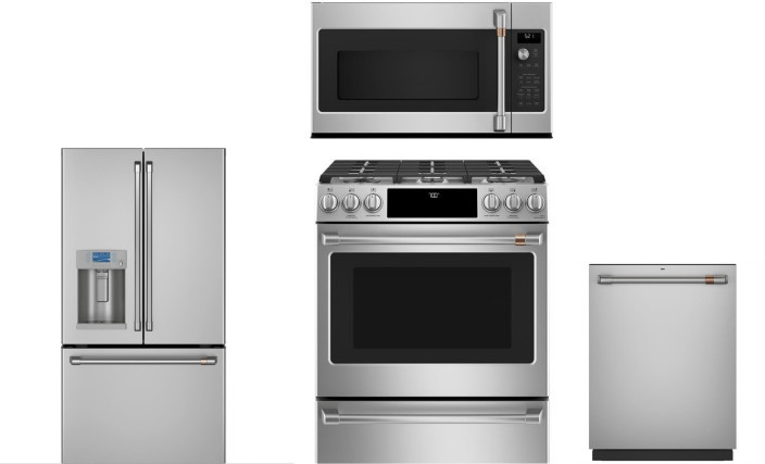 Cafe 4 Piece Kitchen Appliances Package with French Door Refrigerator, Gas Range, Dishwasher and Over the Range Microwave in Stainless Steel CAFRERADW