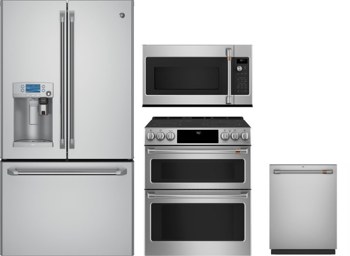 Cafe 4 Piece Kitchen Appliances Package with French Door Refrigerator, Electric Range, Dishwasher and Over the Range Microwave in Stainless Steel CAFR