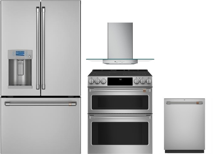 Cafe 4 Piece Kitchen Appliances Package with French Door Refrigerator, Electric Range and Dishwasher in Stainless Steel CAFRERADWRH270