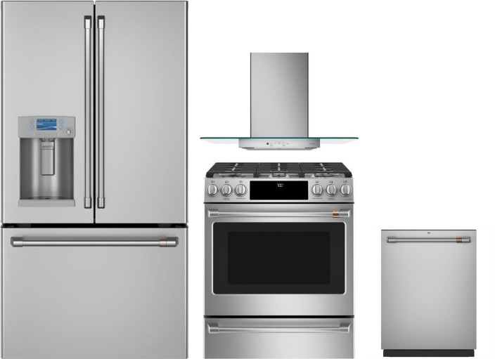 Cafe 4 Piece Kitchen Appliances Package with French Door Refrigerator, Gas Range and Dishwasher in Stainless Steel CAFRERADWRH275