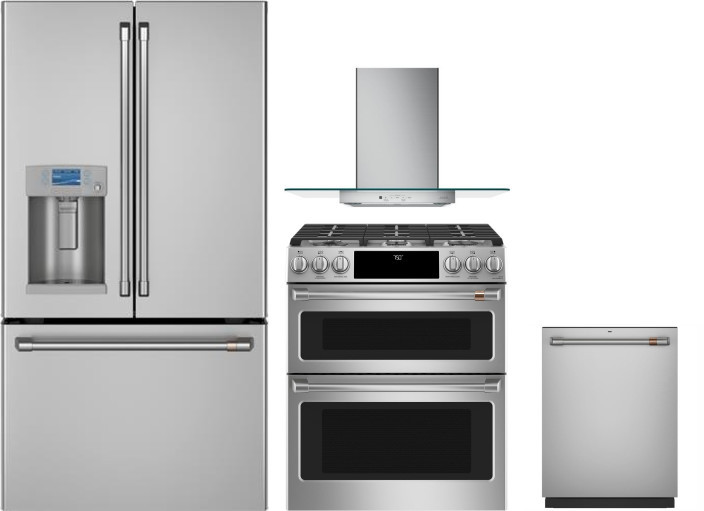 Cafe 4 Piece Kitchen Appliances Package with French Door Refrigerator, Gas Range and Dishwasher in Stainless Steel CAFRERADWRH282