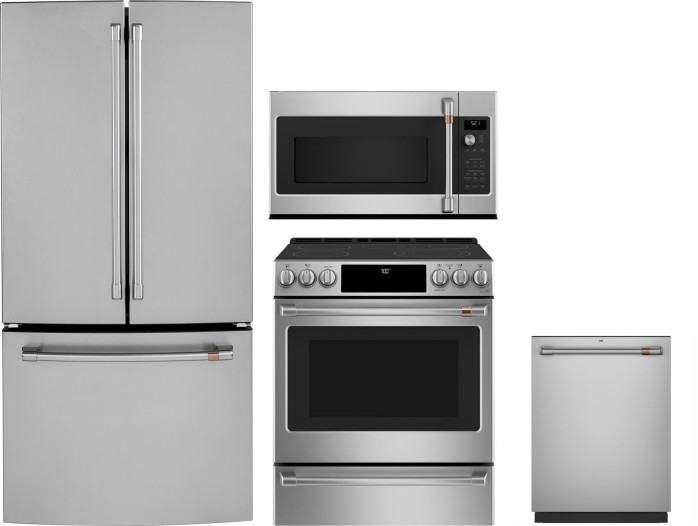 Cafe 4 Piece Kitchen Appliances Package with French Door Refrigerator, Electric Range, Dishwasher and Over the Range Microwave in Stainless Steel CAFR
