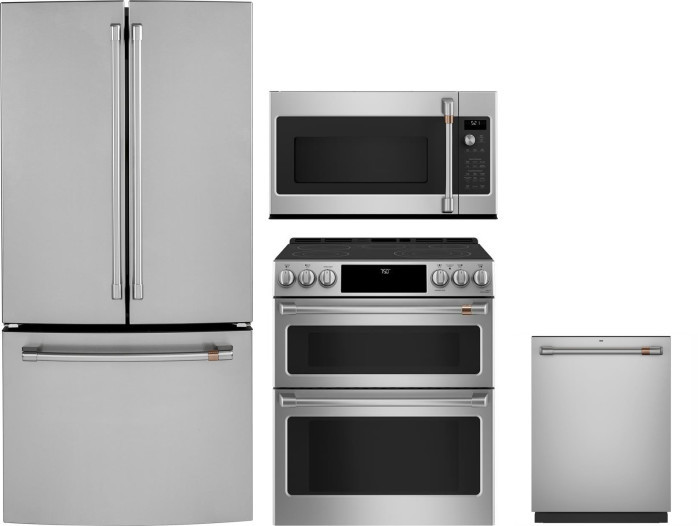 Cafe 4 Piece Kitchen Appliances Package with French Door Refrigerator, Electric Range, Dishwasher and Over the Range Microwave in Stainless Steel CAFR