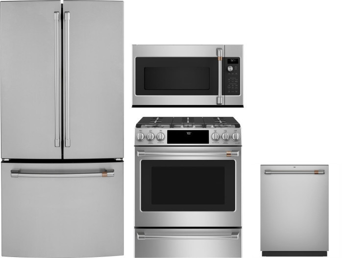 Cafe 4 Piece Kitchen Appliances Package with French Door Refrigerator, Gas Range, Dishwasher and Over the Range Microwave in Stainless Steel CAFRERADW