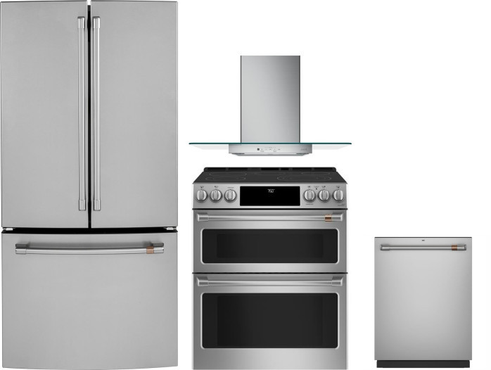 Cafe 4 Piece Kitchen Appliances Package with French Door Refrigerator, Electric Range and Dishwasher in Stainless Steel CAFRERADWRH334