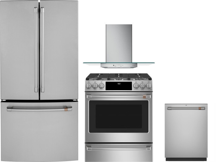 Cafe 4 Piece Kitchen Appliances Package with French Door Refrigerator, Dual Fuel Range and Dishwasher in Stainless Steel CAFRERADWRH343