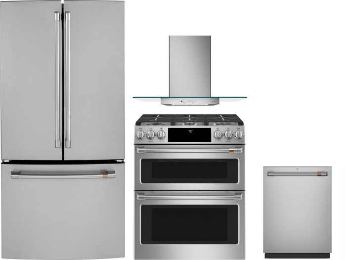 Cafe 4 Piece Kitchen Appliances Package with French Door Refrigerator, Gas Range and Dishwasher in Stainless Steel CAFRERADWRH346