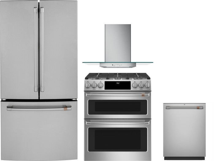 Cafe 4 Piece Kitchen Appliances Package with French Door Refrigerator, Dual Fuel Range and Dishwasher in Stainless Steel CAFRERADWRH353