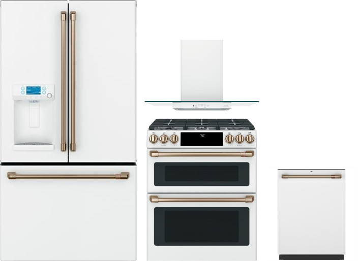 Cafe 4 Piece Kitchen Appliances Package with French Door Refrigerator, Gas Range and Dishwasher in Matte White CAFRERADWRH383