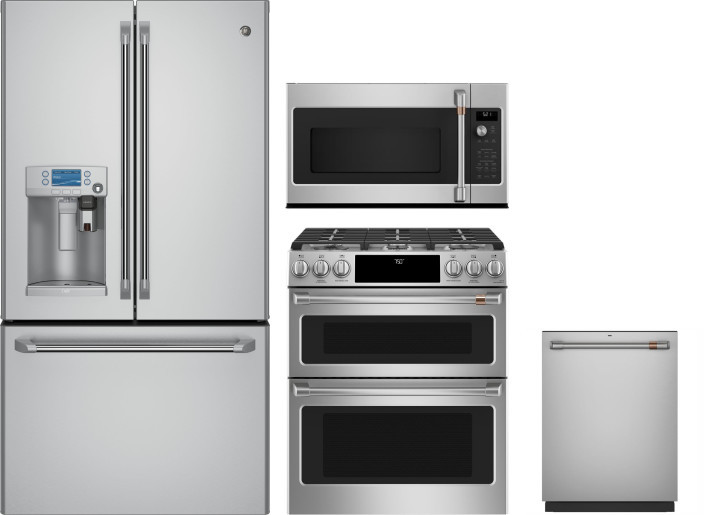 Cafe 4 Piece Kitchen Appliances Package with French Door Refrigerator, Gas Range, Dishwasher and Over the Range Microwave in Stainless Steel CAFRERADW