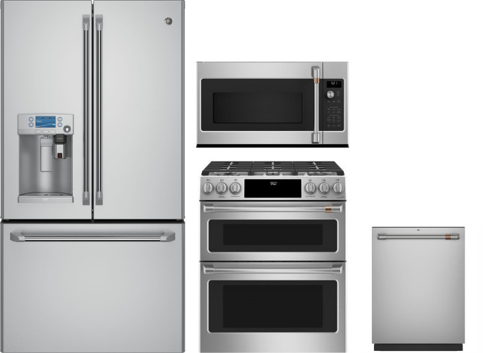 Cafe 4 Piece Kitchen Appliances Package with French Door Refrigerator, Dual Fuel Range, Dishwasher and Over the Range Microwave in Stainless Steel CAF