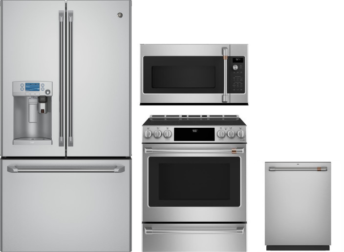 Cafe 4 Piece Kitchen Appliances Package with French Door Refrigerator, Induction Range, Dishwasher and Over the Range Microwave in Stainless Steel CAF