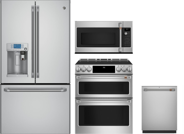 Cafe 4 Piece Kitchen Appliances Package with French Door Refrigerator, Induction Range, Dishwasher and Over the Range Microwave in Stainless Steel CAF