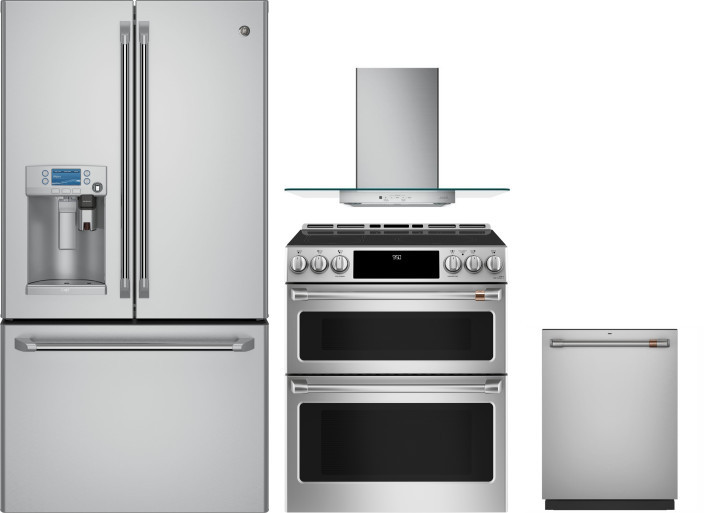 Cafe 4 Piece Kitchen Appliances Package with French Door Refrigerator, Induction Range and Dishwasher in Stainless Steel CAFRERADWRH388