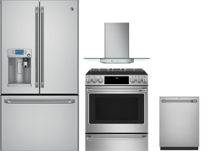 Cafe 4 Piece Kitchen Appliances Package with French Door Refrigerator, Induction Range and Dishwasher in Stainless Steel CAFRERADWRH389