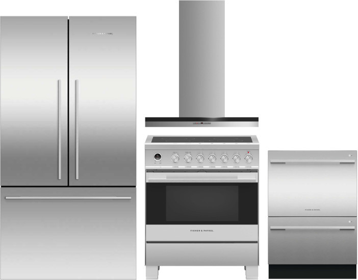Fisher & Paykel Active Smart Contemporary 4 Piece Kitchen Appliances Package with French Door Refrigerator, Electric Range and Dishwasher in Stainless