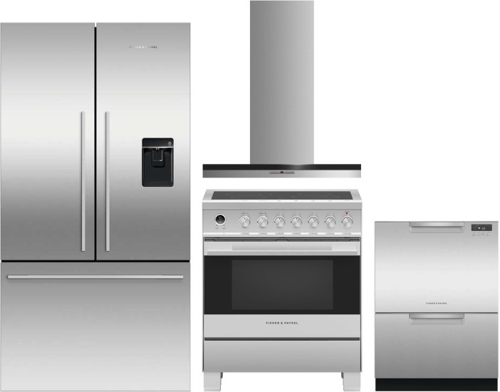 Fisher & Paykel Series 7 Contemporary 4 Piece Kitchen Appliances Package with French Door Refrigerator, Electric Range and Dishwasher in Stainless Ste