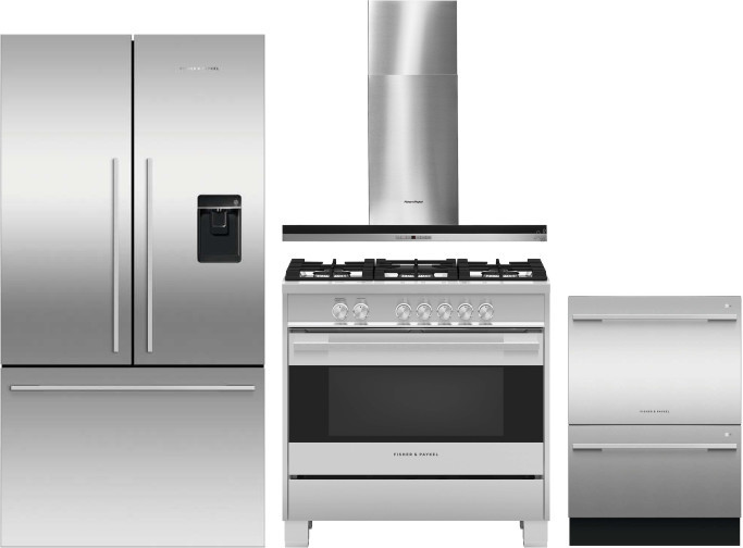 Fisher & Paykel Series 7 Contemporary 4 Piece Kitchen Appliances Package with French Door Refrigerator, Gas Range and Dishwasher in Stainless Steel FP