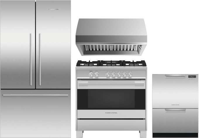 Fisher & Paykel Active Smart Contemporary 4 Piece Kitchen Appliances Package with French Door Refrigerator, Gas Range and Dishwasher in Stainless Stee