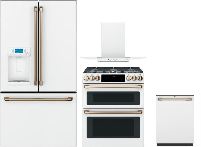 Cafe 4 Piece Kitchen Appliances Package with French Door Refrigerator, Gas Range and Dishwasher in Matte White CAFRERADWRH395