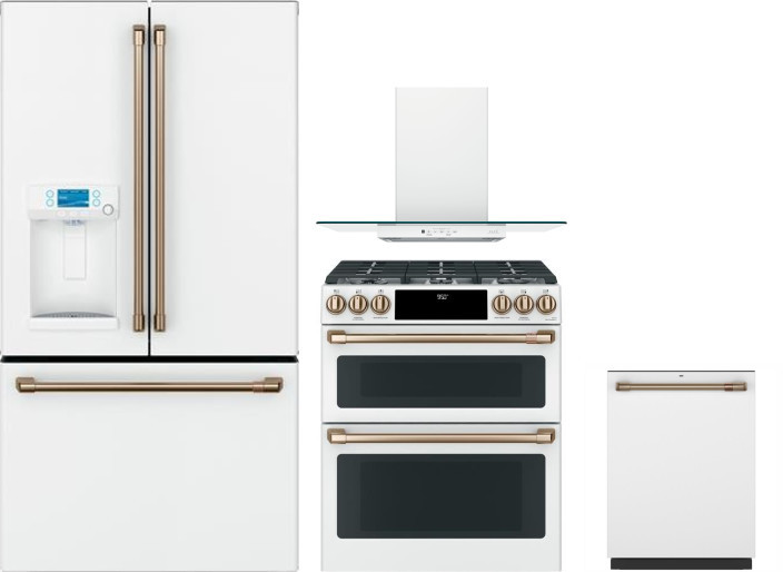 Cafe 4 Piece Kitchen Appliances Package with French Door Refrigerator, Dual Fuel Range and Dishwasher in Matte White CAFRERADWRH396