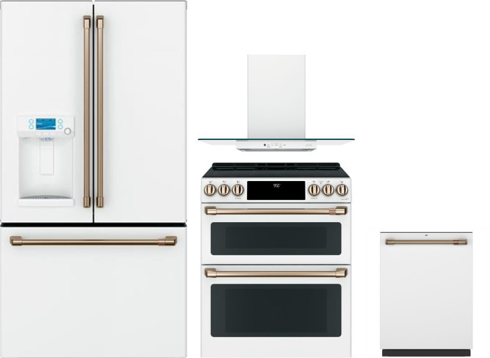 Cafe 4 Piece Kitchen Appliances Package with French Door Refrigerator, Induction Range and Dishwasher in Matte White CAFRERADWRH397