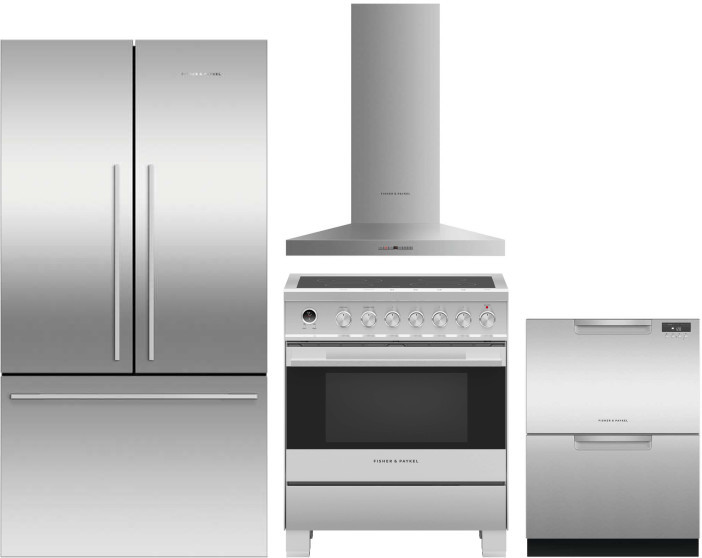Fisher & Paykel Active Smart Contemporary 4 Piece Kitchen Appliances Package with French Door Refrigerator, Electric Range and Dishwasher in Stainless