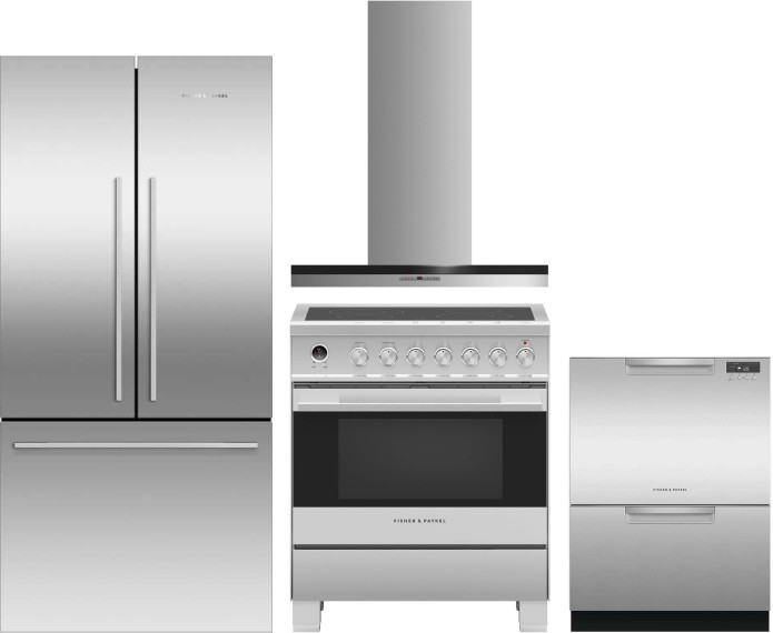Fisher & Paykel Active Smart Contemporary 4 Piece Kitchen Appliances Package with French Door Refrigerator, Electric Range and Dishwasher in Stainless