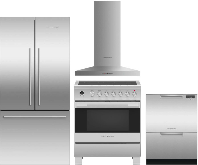 Fisher & Paykel Active Smart Contemporary 4 Piece Kitchen Appliances Package with French Door Refrigerator, Electric Range and Dishwasher in Stainless