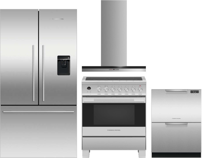 Fisher & Paykel Series 7 Contemporary 4 Piece Kitchen Appliances Package with French Door Refrigerator, Electric Range and Dishwasher in Stainless Ste