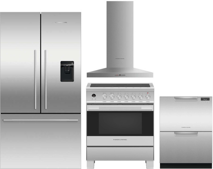 Fisher & Paykel Series 7 Contemporary 4 Piece Kitchen Appliances Package with French Door Refrigerator, Electric Range and Dishwasher in Stainless Ste