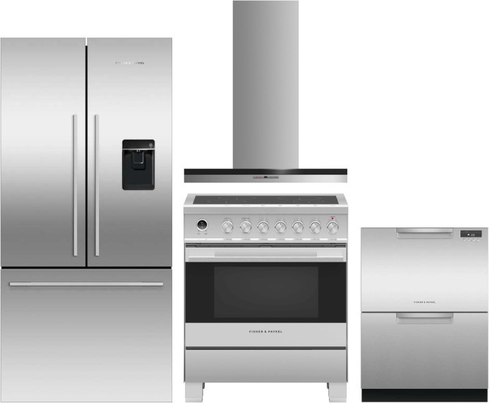 Fisher & Paykel Active Smart Contemporary 4 Piece Kitchen Appliances Package with French Door Refrigerator, Induction Range and Dishwasher in Stainles