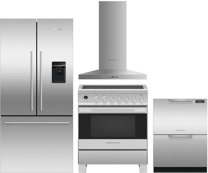 Fisher & Paykel Active Smart Contemporary 4 Piece Kitchen Appliances Package with French Door Refrigerator, Induction Range and Dishwasher in Stainles