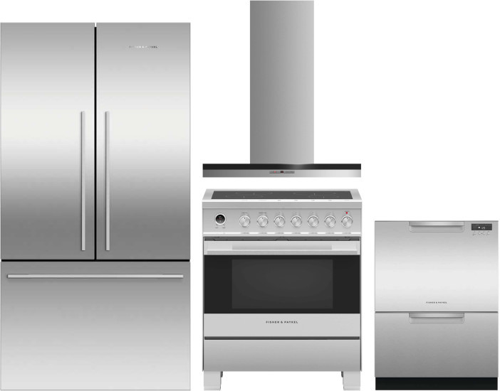 Fisher & Paykel Active Smart Contemporary 4 Piece Kitchen Appliances Package with French Door Refrigerator, Induction Range and Dishwasher in Stainles