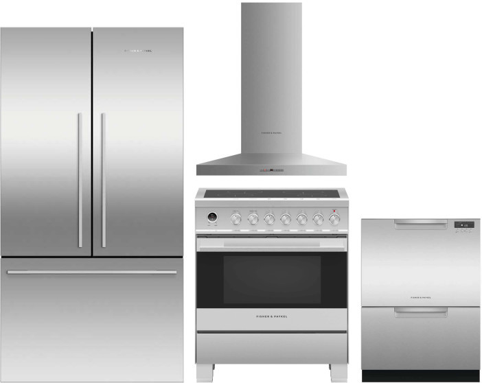 Fisher & Paykel Active Smart Contemporary 4 Piece Kitchen Appliances Package with French Door Refrigerator, Induction Range and Dishwasher in Stainles