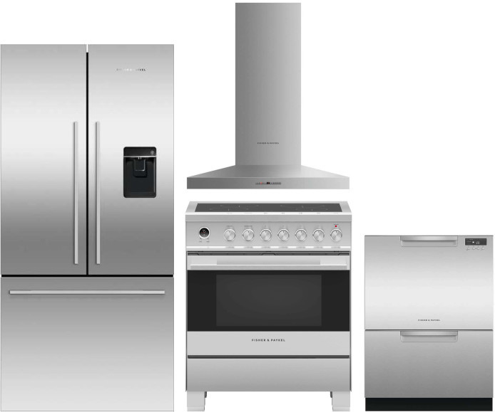 Fisher & Paykel Active Smart Contemporary 4 Piece Kitchen Appliances Package with French Door Refrigerator, Induction Range and Dishwasher in Stainles