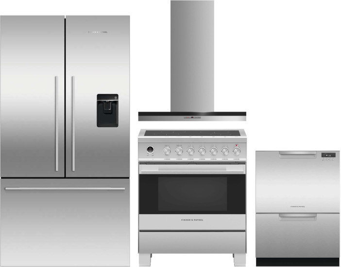 Fisher & Paykel Series 7 Contemporary 4 Piece Kitchen Appliances Package with French Door Refrigerator, Induction Range and Dishwasher in Stainless St